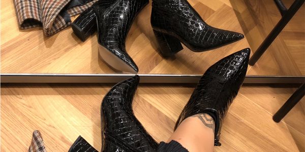 Office Aloud Point Block Heel Boots in Black Croc Patent