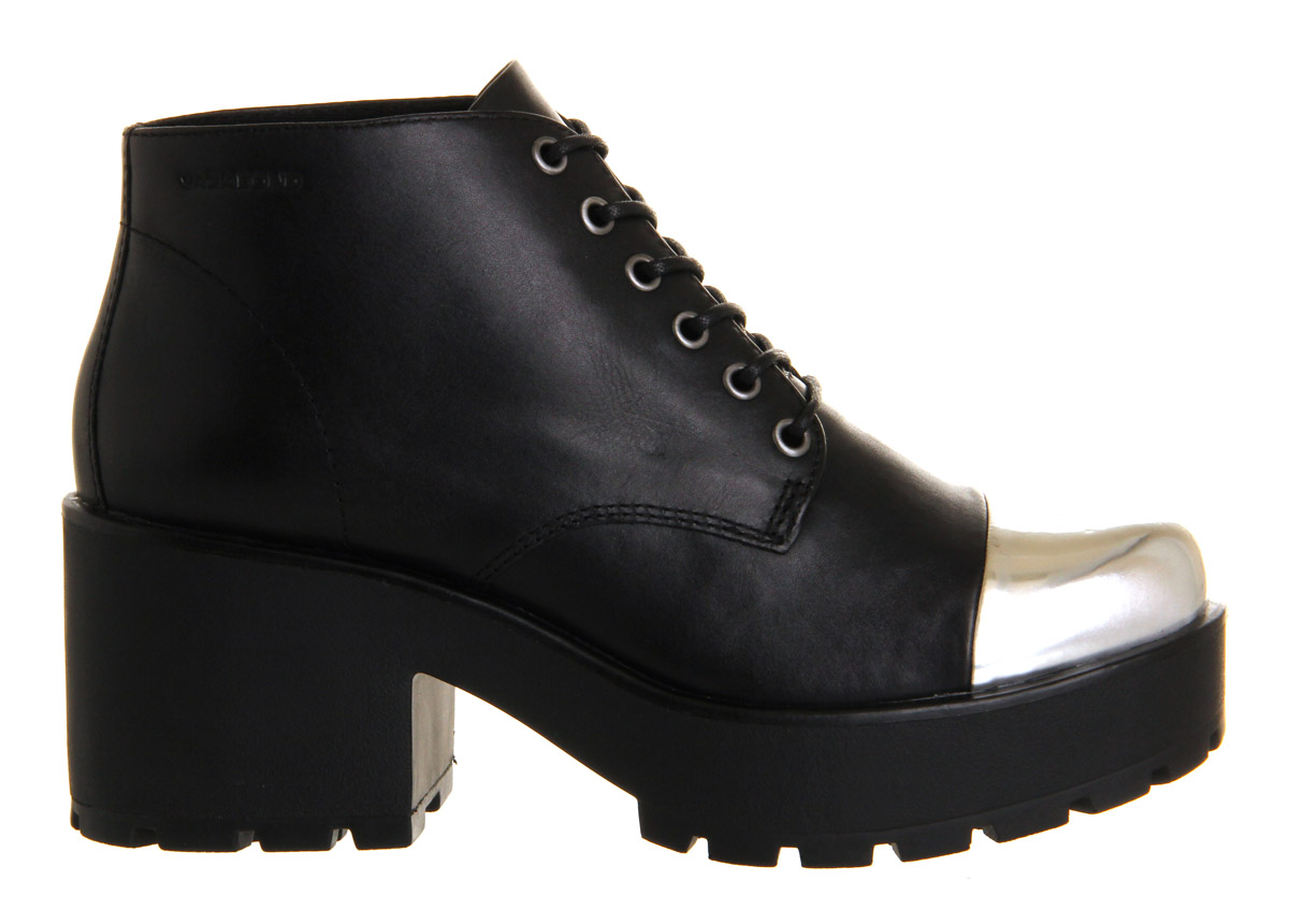 Vagabond Dioon Lace Up Boot Black Leather Silver Toe Cap - Ankle Boots
