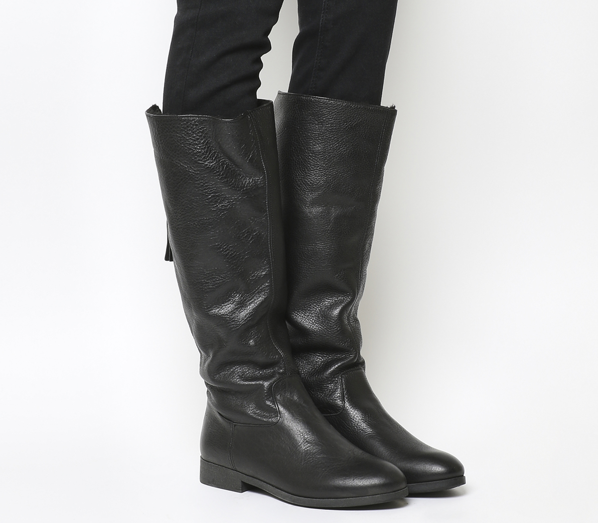OFFICE Ecru Back Zip Knee Boots Black Leather Fur Lined - Knee High Boots
