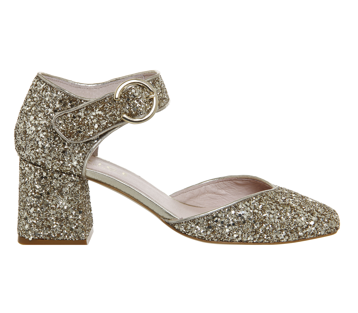 OFFICEFancy Square Toe Block Heel Mary JaneGold Glitter