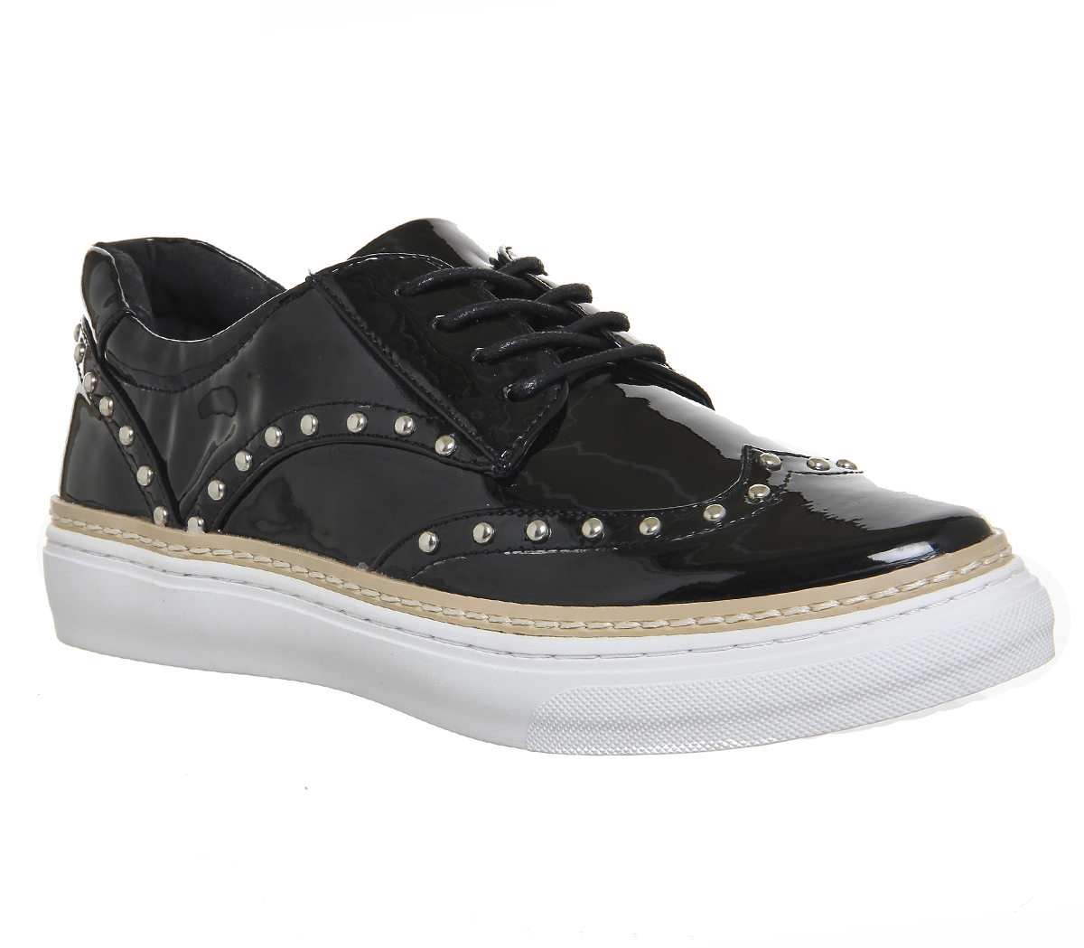 OFFICE Proud Studded Lace Up Trainers Black Patent - Flat Shoes for Women
