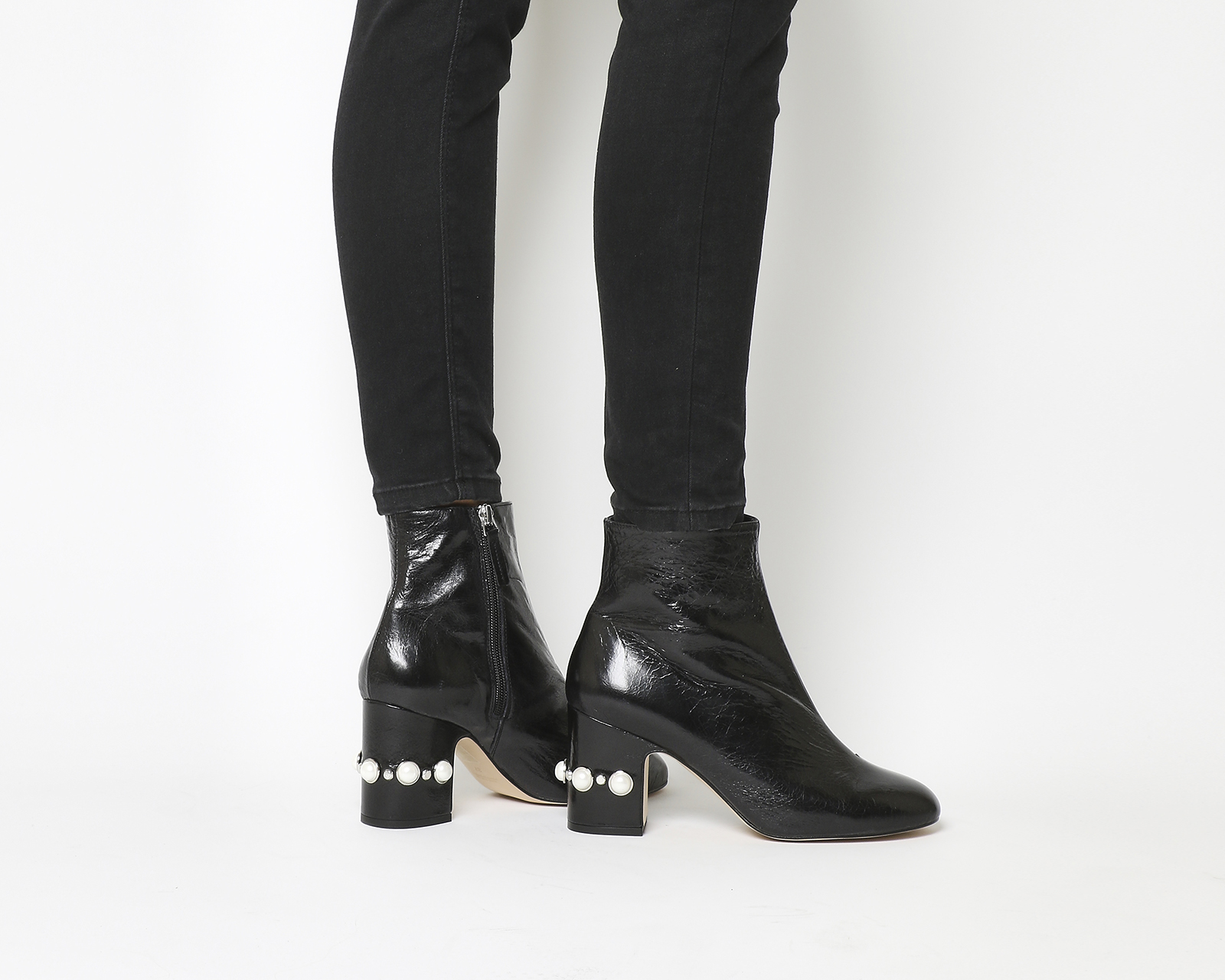 Black Leather Pearl Heel - Ankle Boots