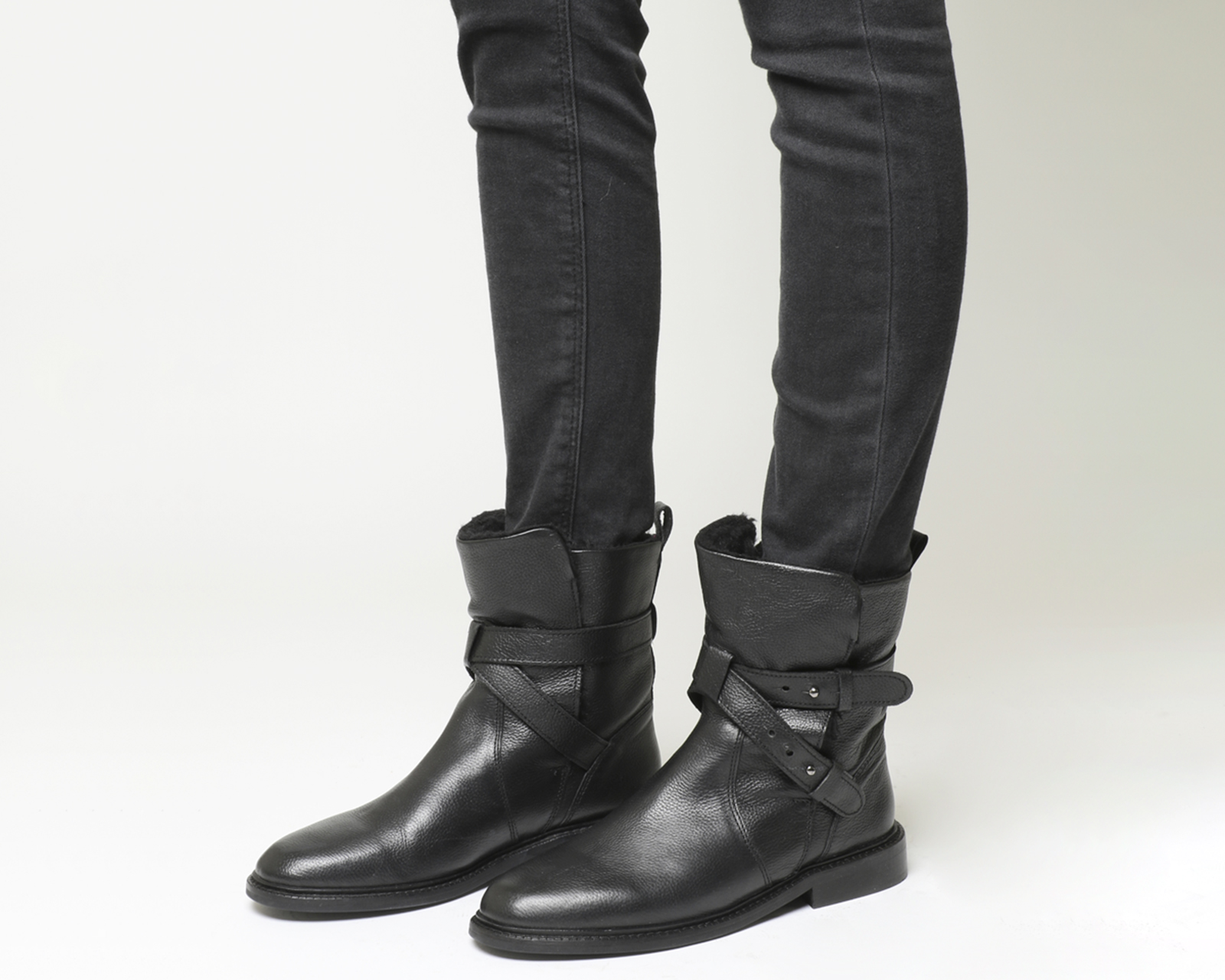OFFICELoaded Multi Strap BikerBlack Leather Fur Lined