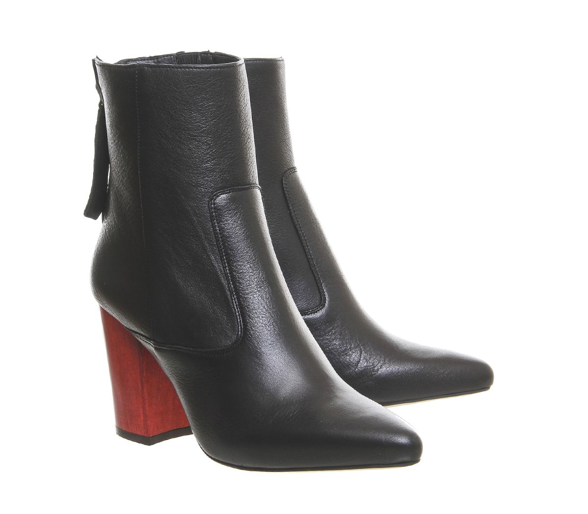 OFFICEJackdaw Back Zip BootsBlack Leather Red Wood Heel