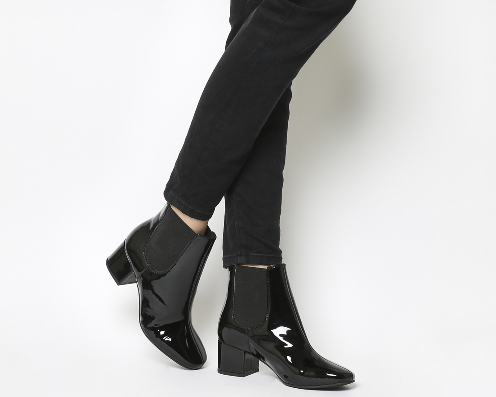 black patent block heel ankle boots