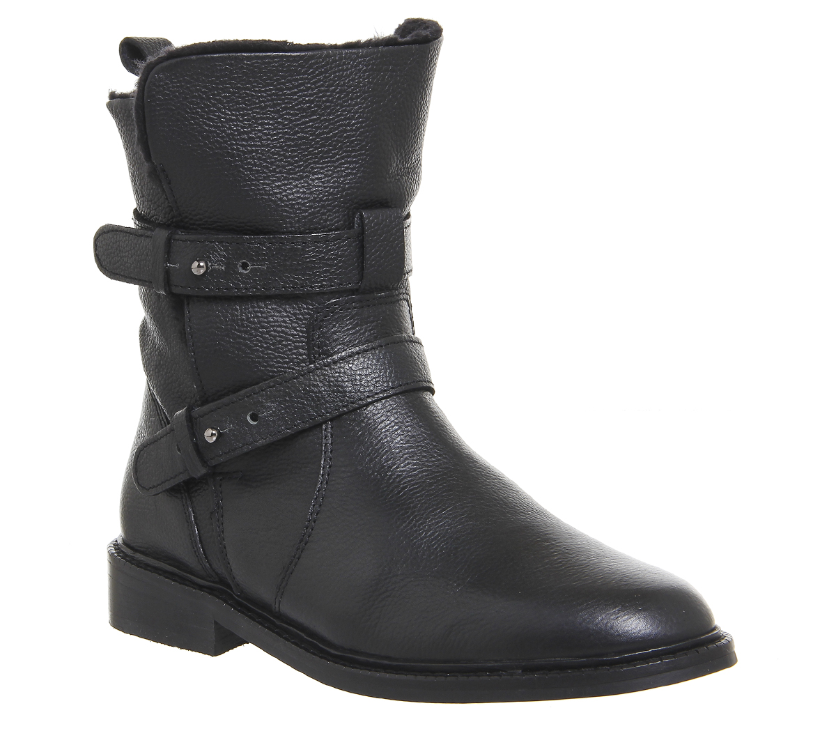 OFFICELoaded Multi Strap BikerBlack Leather Fur Lined