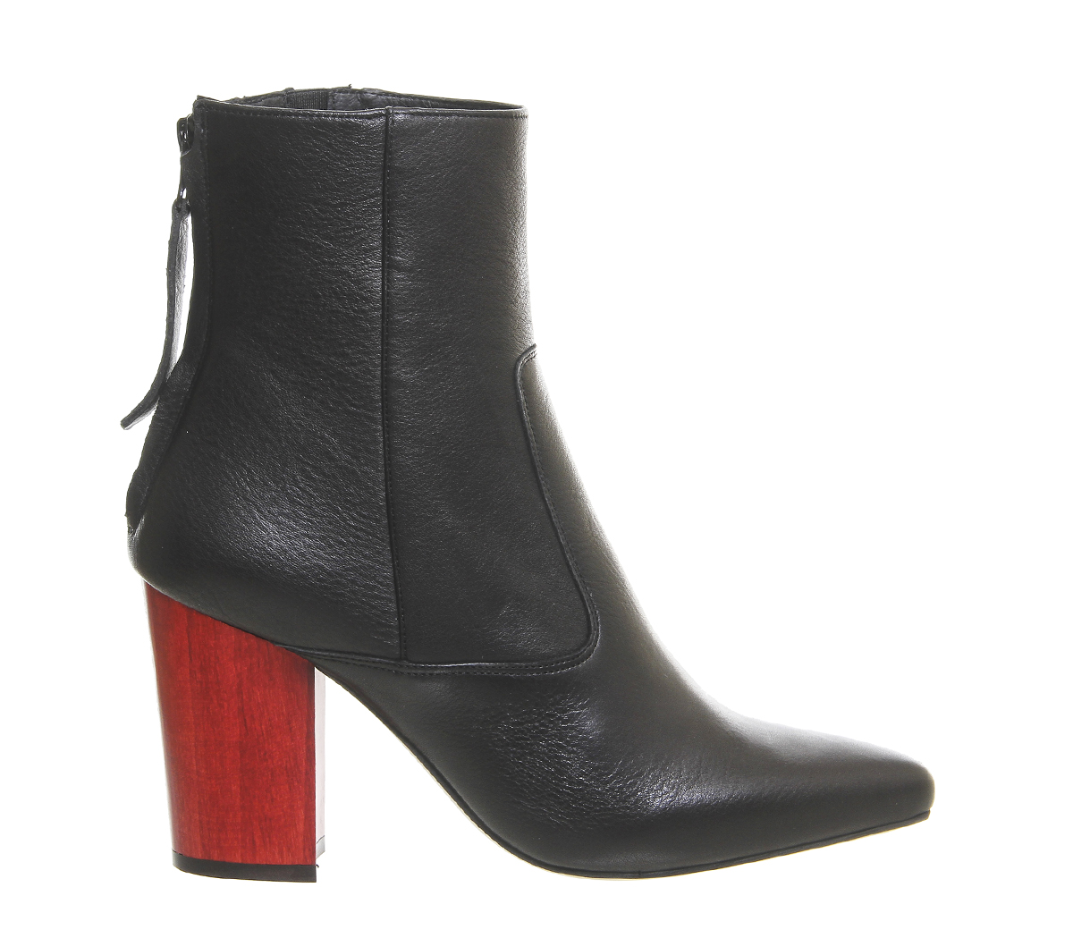 OFFICEJackdaw Back Zip BootsBlack Leather Red Wood Heel