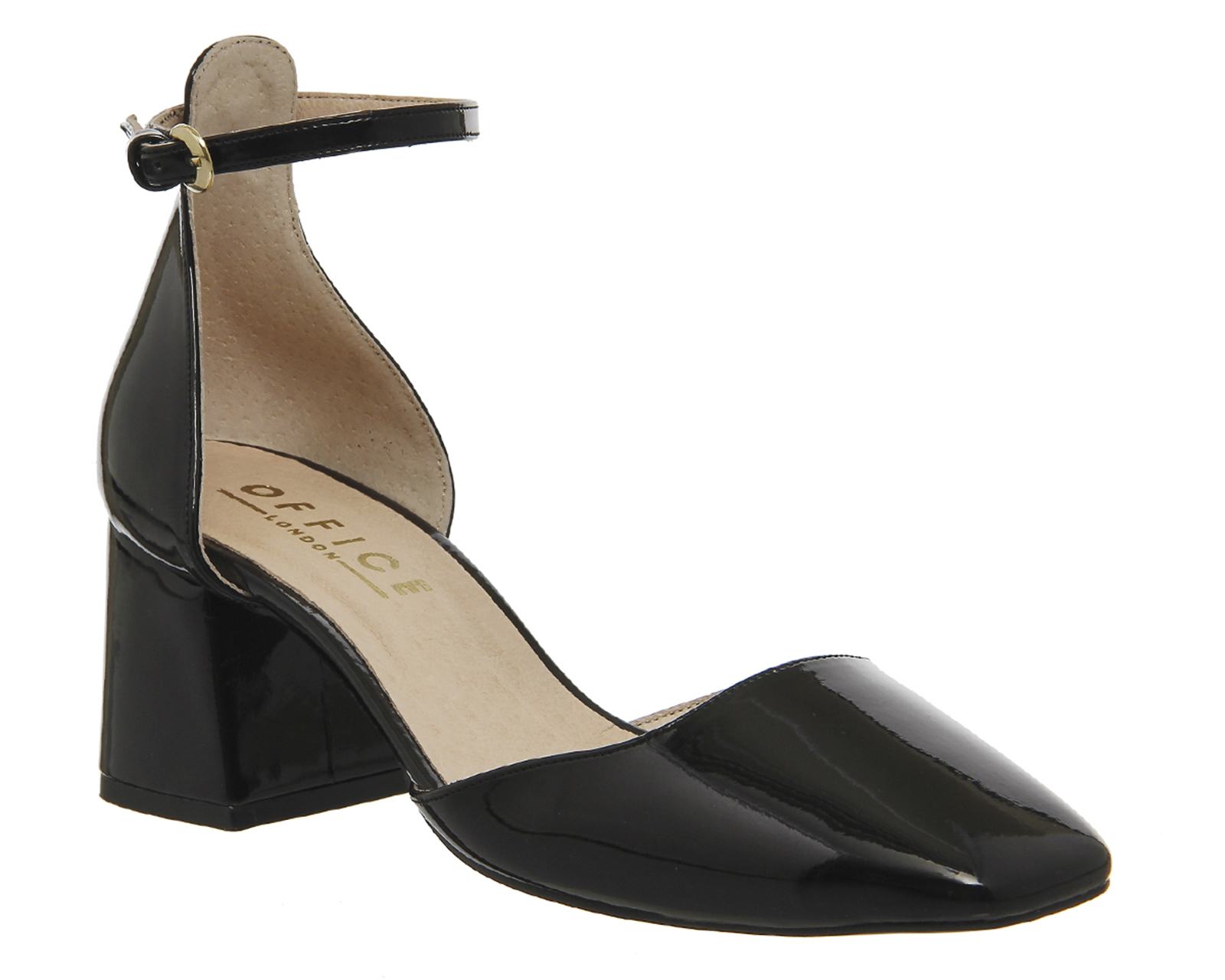 black patent mid heel shoes