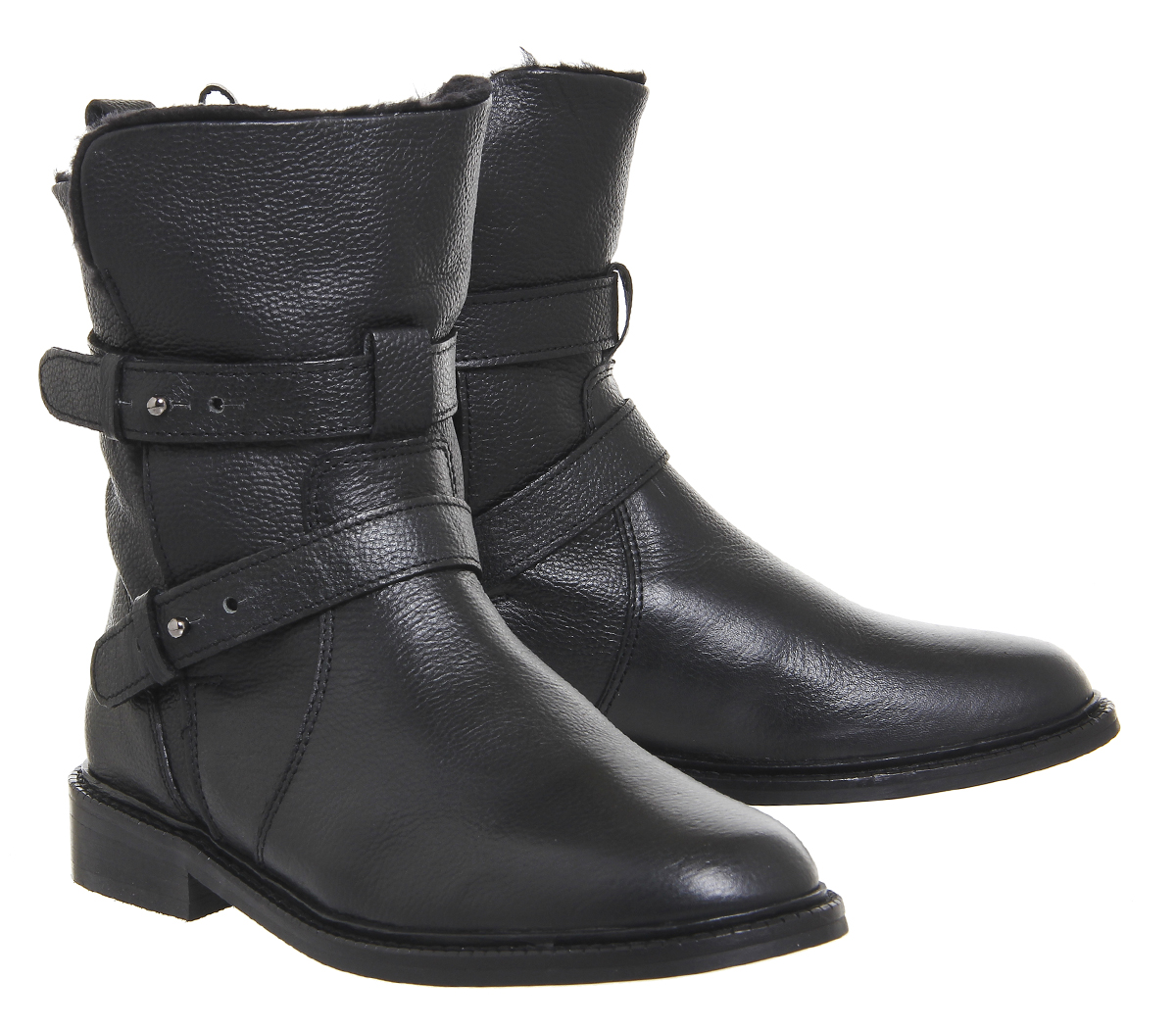 OFFICELoaded Multi Strap BikerBlack Leather Fur Lined