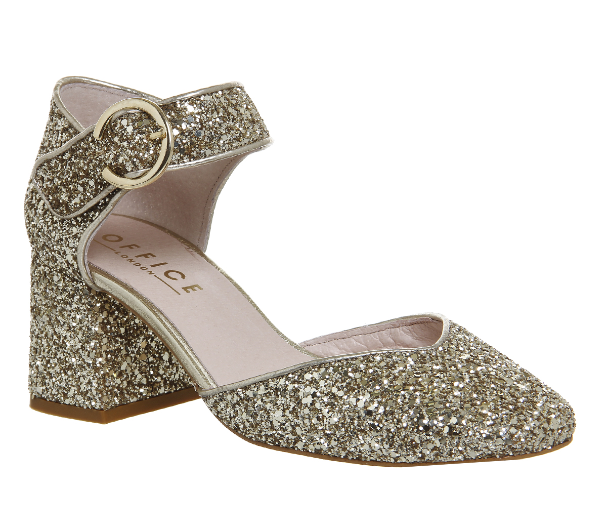 OFFICEFancy Square Toe Block Heel Mary JaneGold Glitter